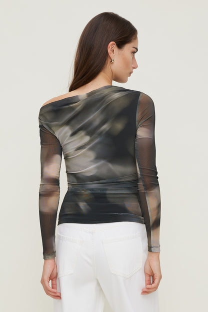 Cleo Printed Mesh Long Sleeve Top Brown - Dynamite