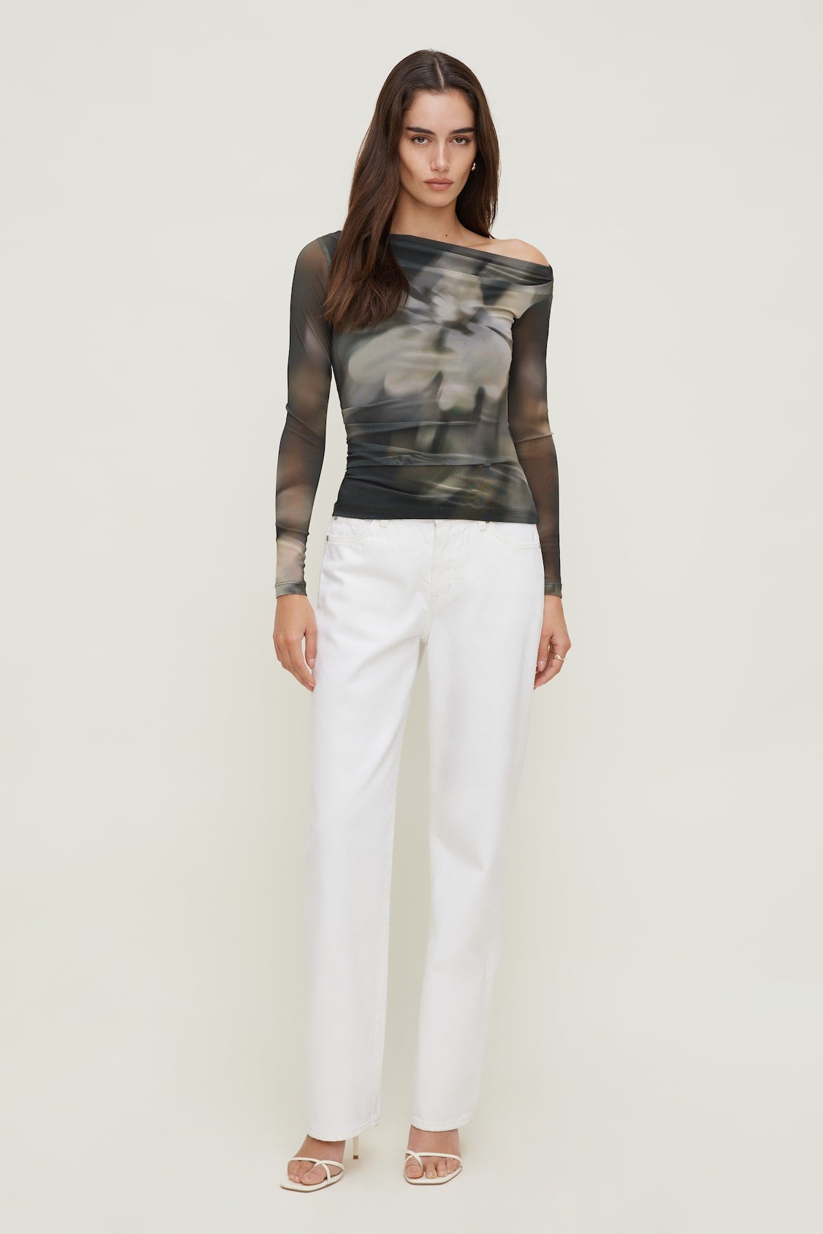 Cleo Printed Mesh Long Sleeve Top Brown - Dynamite