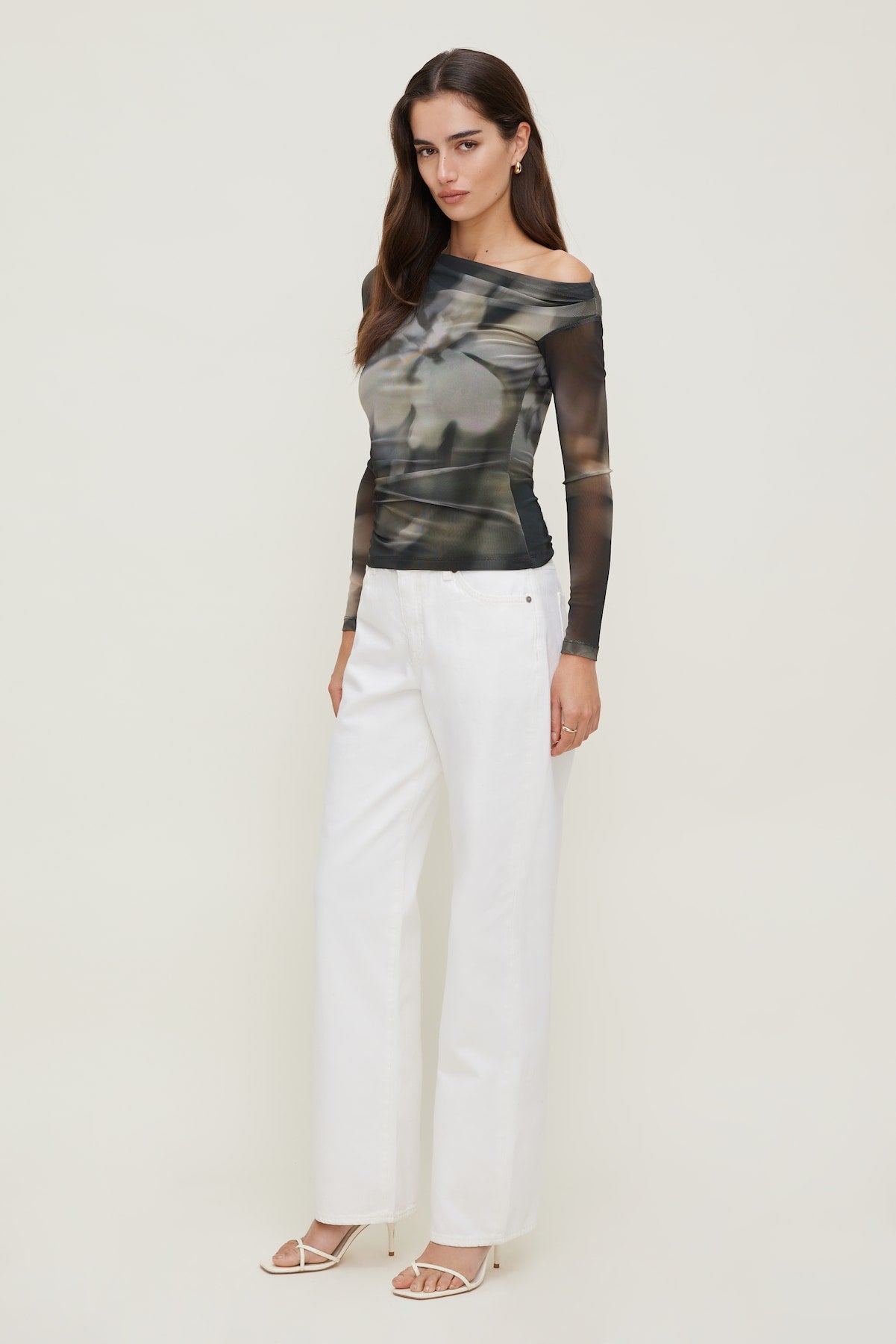 Cleo Printed Mesh Long Sleeve Top Brown - Dynamite