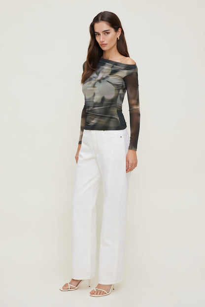 Cleo Printed Mesh Long Sleeve Top Brown - Dynamite