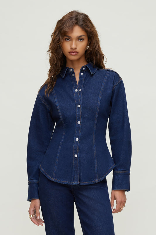 Cinched Stretch Denim Shirt Blue - Dynamite