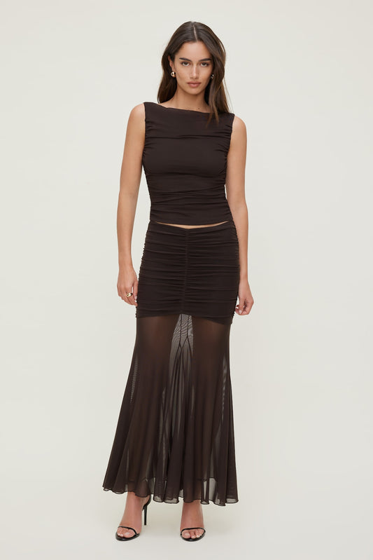 Ruched Mesh Maxi Skirt Brown - Dynamite