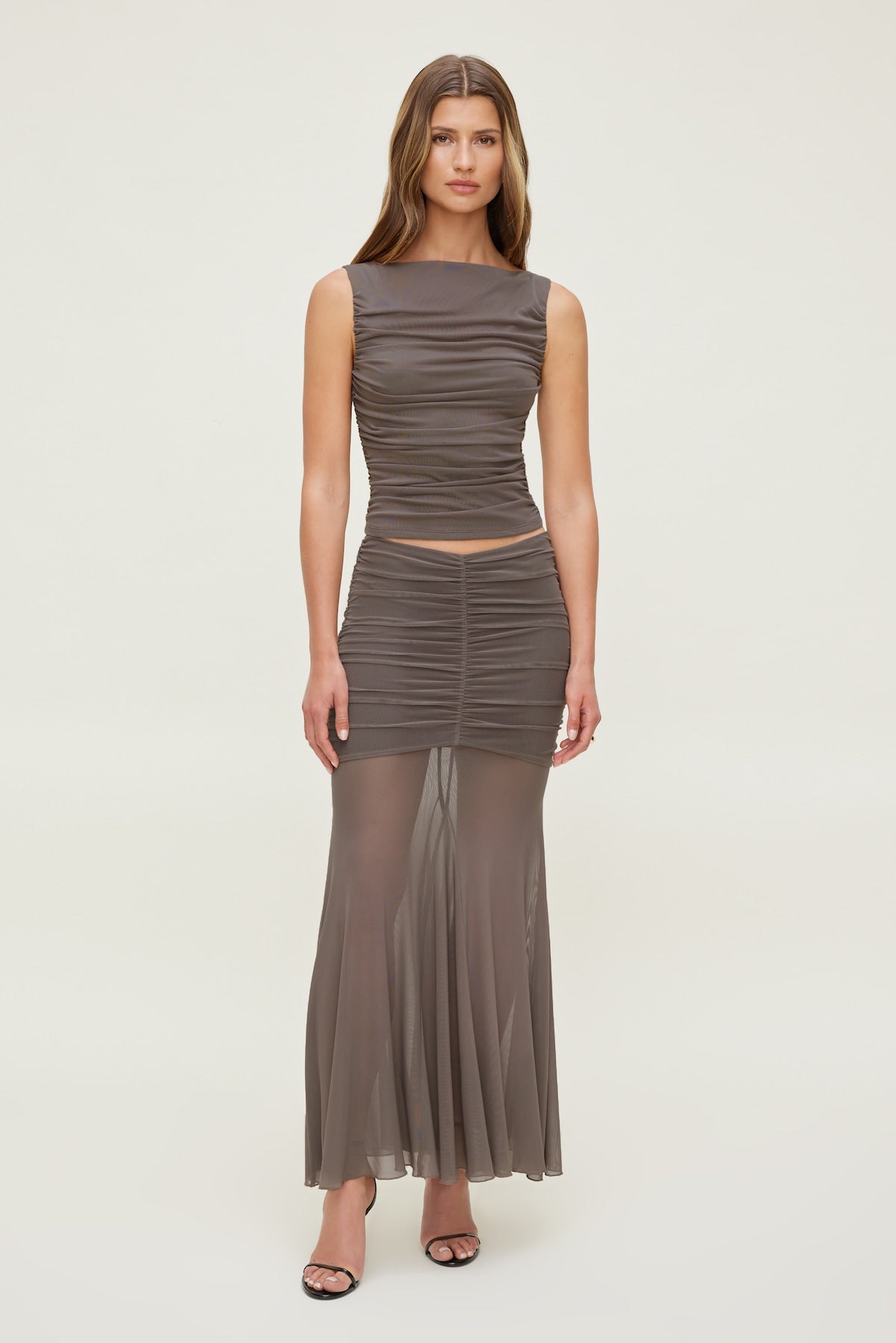 Ruched Mesh Maxi Skirt Brown - Dynamite