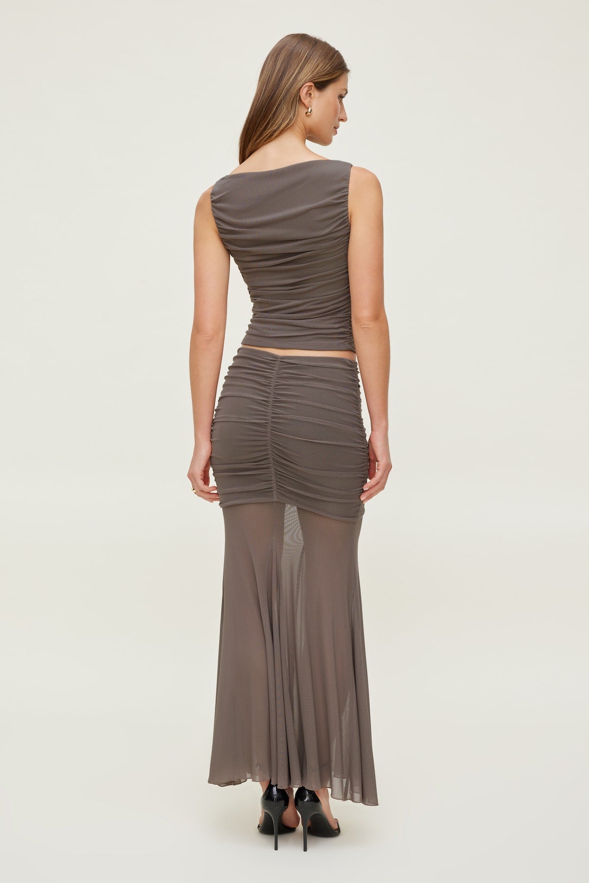 Ruched Mesh Maxi Skirt Brown - Dynamite