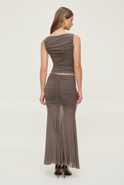 Ruched Mesh Maxi Skirt Brown - Dynamite