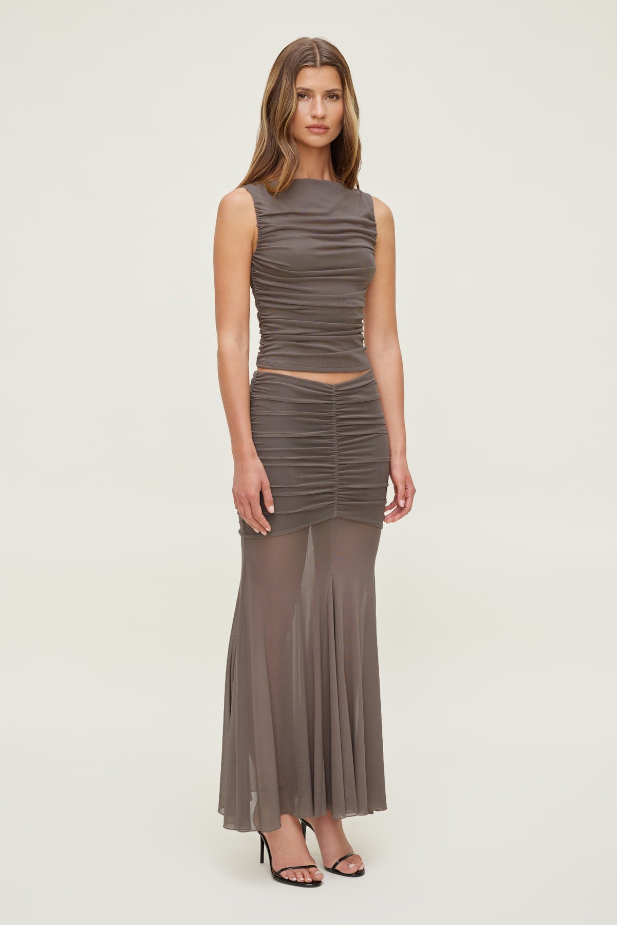 Ruched Mesh Maxi Skirt Brown - Dynamite
