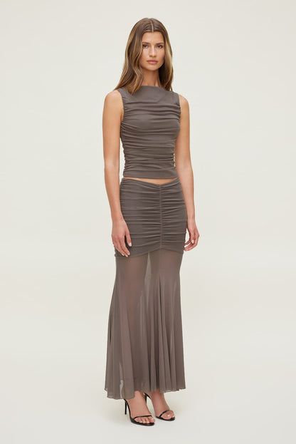 Ruched Mesh Maxi Skirt Brown - Dynamite