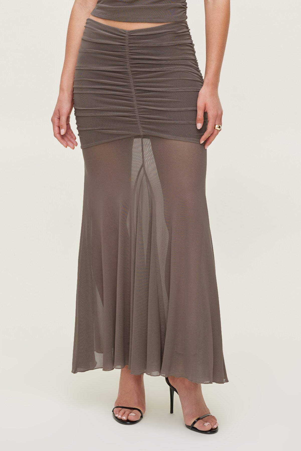 Ruched Mesh Maxi Skirt Brown - Dynamite
