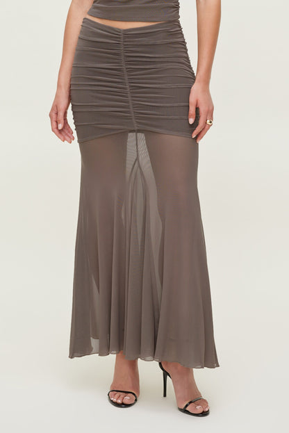 Ruched Mesh Maxi Skirt Brown - Dynamite