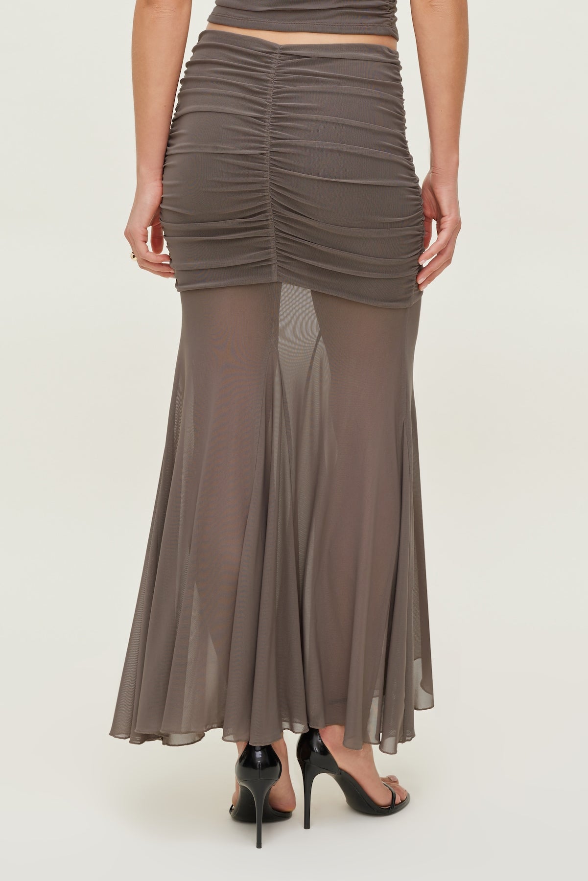 Ruched Mesh Maxi Skirt Brown - Dynamite