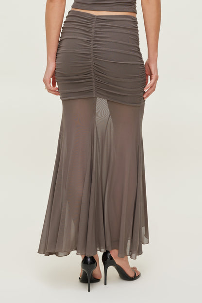 Ruched Mesh Maxi Skirt Brown - Dynamite