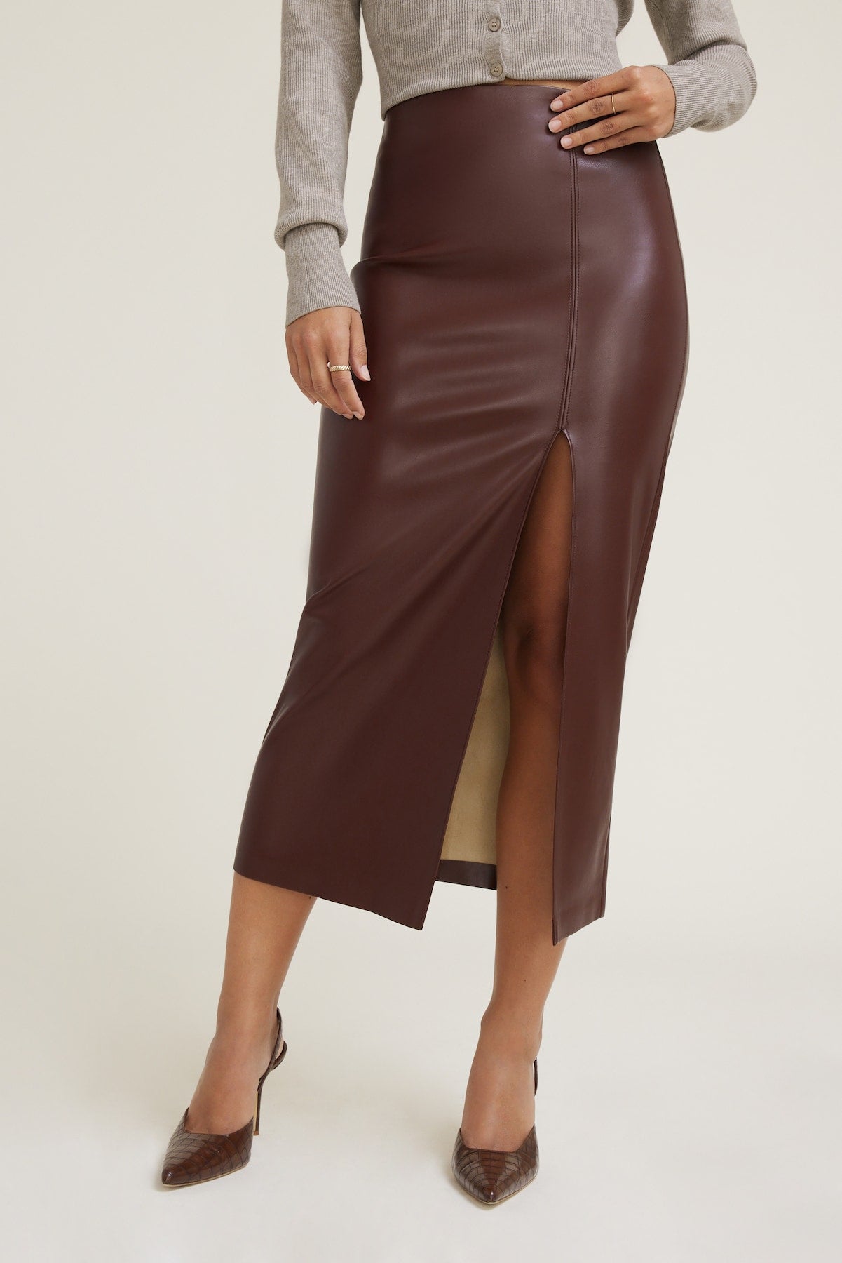 Marlow Faux Leather Midi Skirt Brown - Dynamite