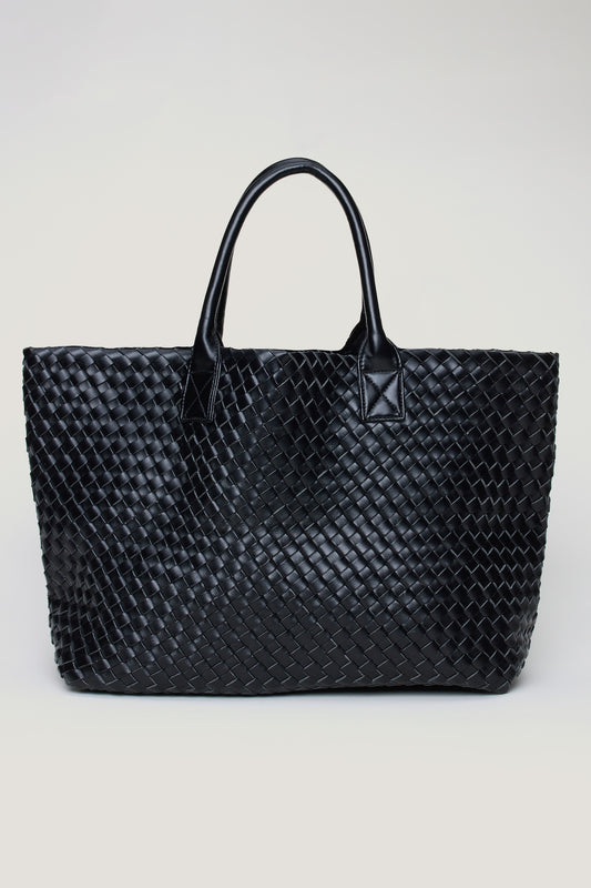 Oversized Woven Faux Leather Tote BLACK - Dynamite