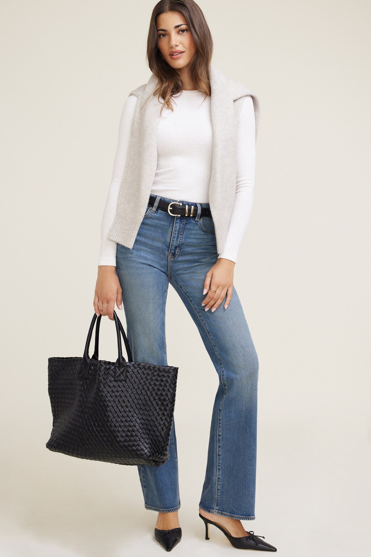 Oversized Woven Faux Leather Tote BLACK - Dynamite