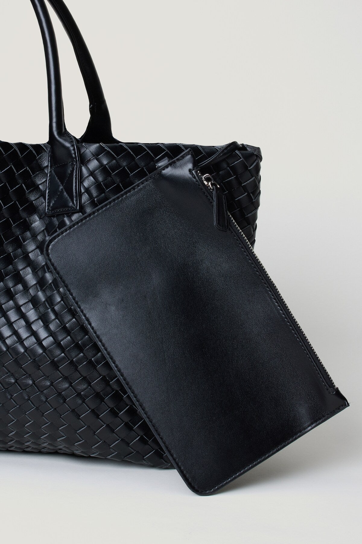 Oversized Woven Faux Leather Tote BLACK - Dynamite