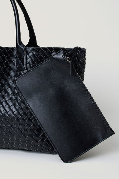 Oversized Woven Faux Leather Tote BLACK - Dynamite