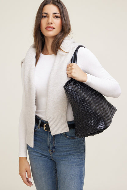 Oversized Woven Faux Leather Tote BLACK - Dynamite
