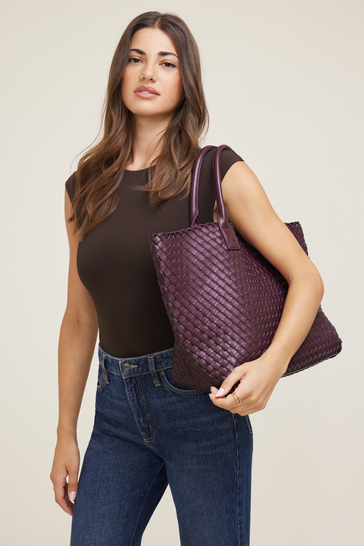 Oversized Woven Faux Leather Tote Red - Dynamite