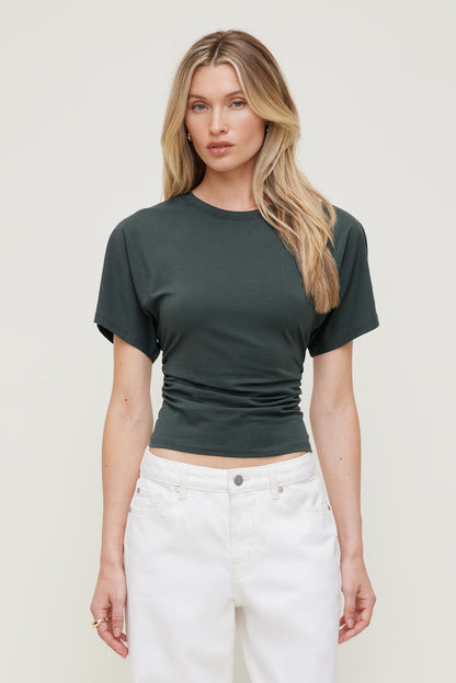 Andrea Shirred Jersey T Shirt Green - Dynamite