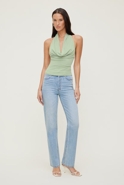 Cowl Neck Mesh Halter Top Green - Dynamite