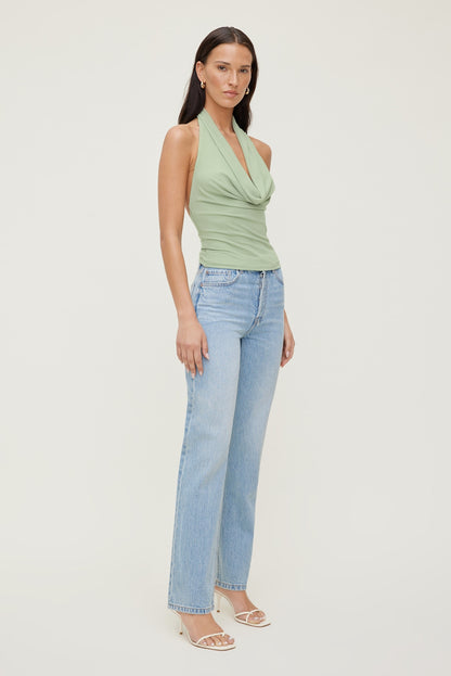 Cowl Neck Mesh Halter Top Green - Dynamite