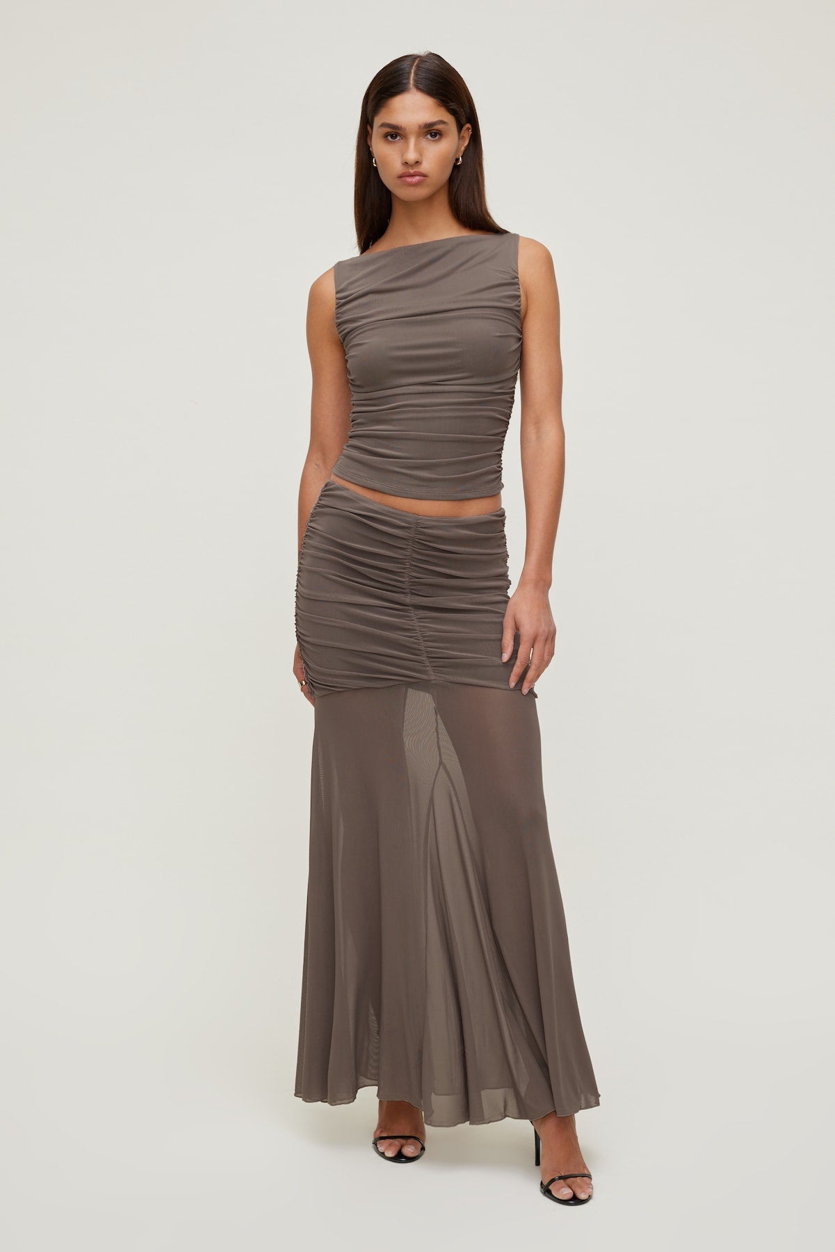 Ruched Mesh Tank Top Brown - Dynamite