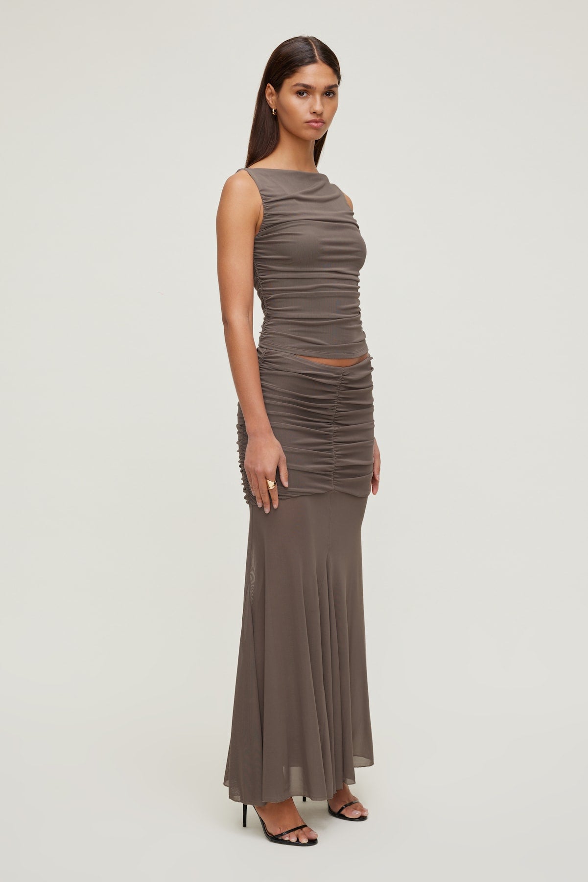 Ruched Mesh Tank Top Brown - Dynamite