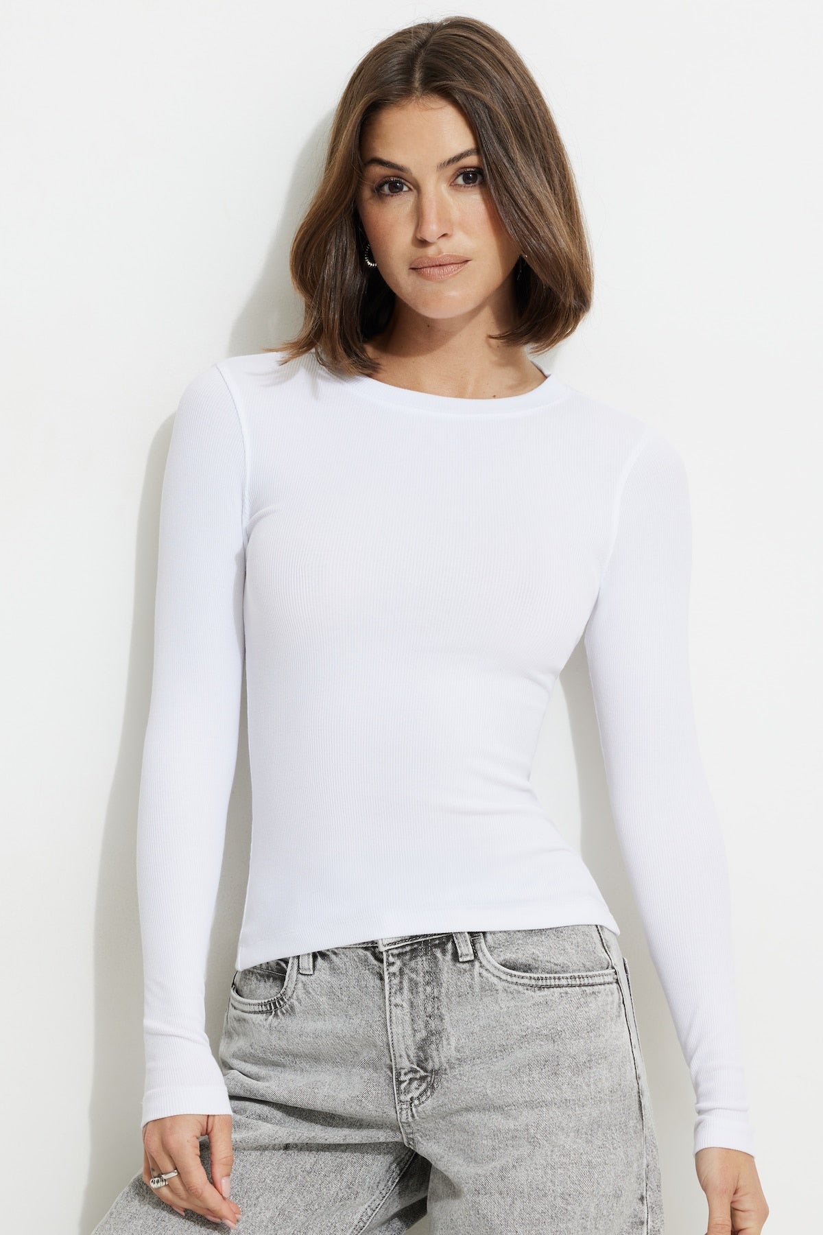 Tedi Ribbed Long Sleeve T Shirt White - Dynamite