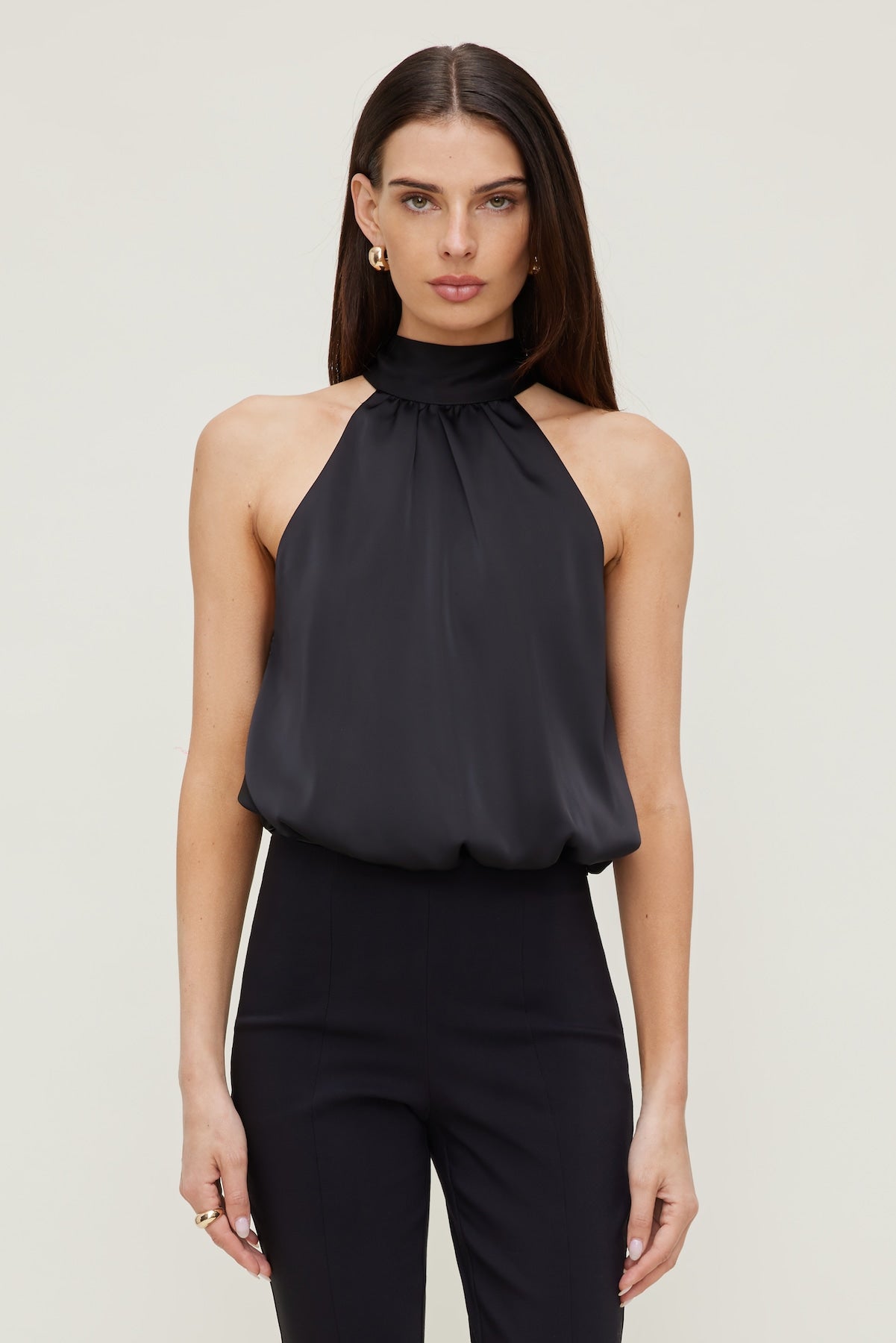 Paloma Bubble Satin Halter Blouse Black - Dynamite