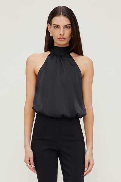 Paloma Bubble Satin Halter Blouse Black - Dynamite