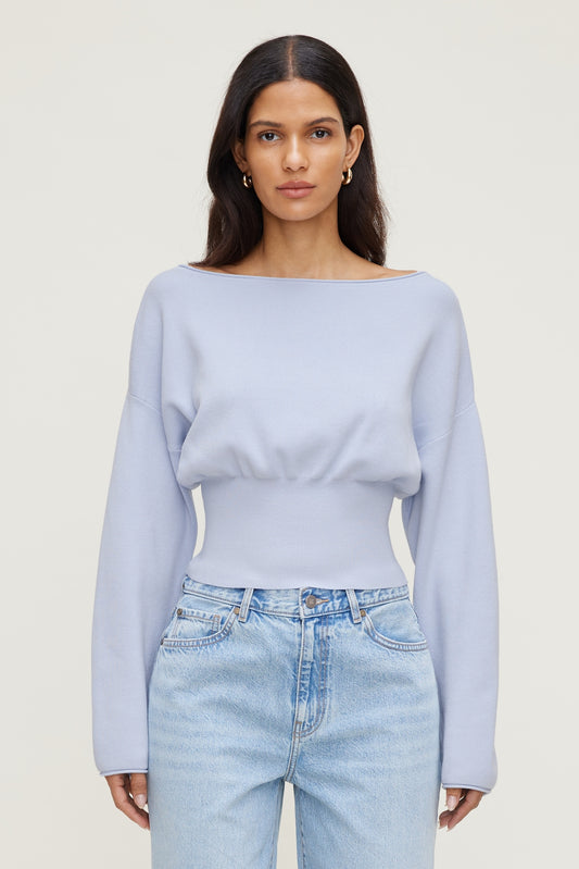 Cinched Boat Neck Sweater Blue - Dynamite