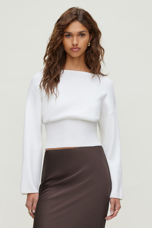 Cinched Boat Neck Sweater White - Dynamite