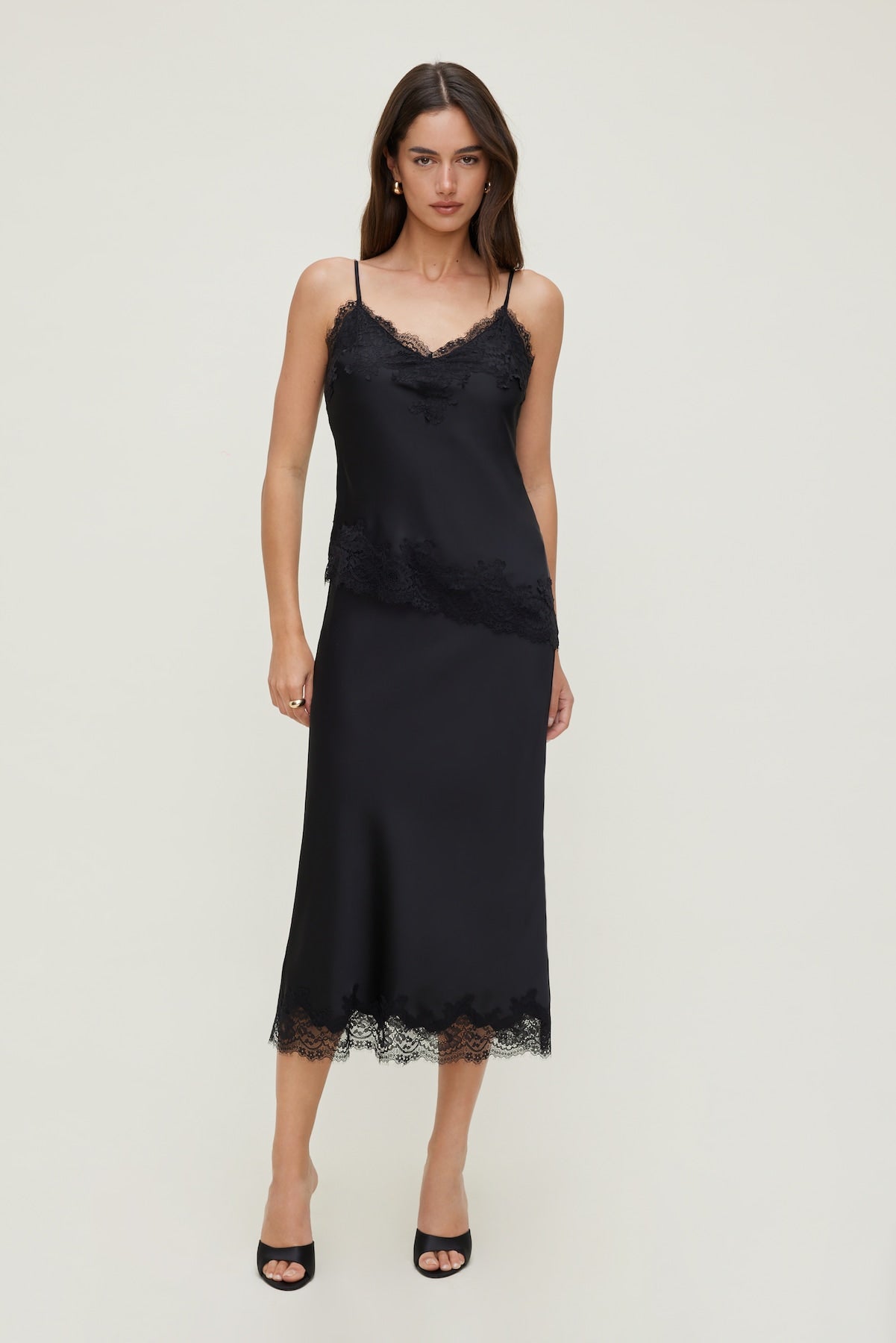 Lace Satin Midi Skirt Black - Dynamite
