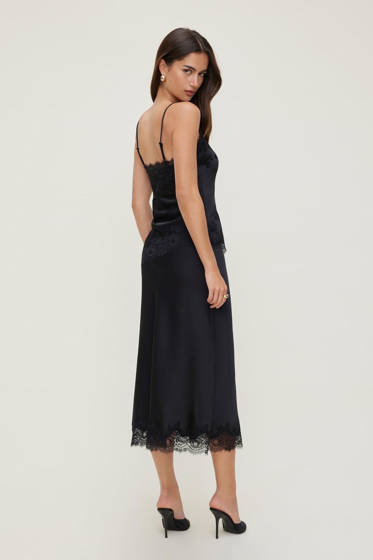 Lace Satin Midi Skirt Black - Dynamite
