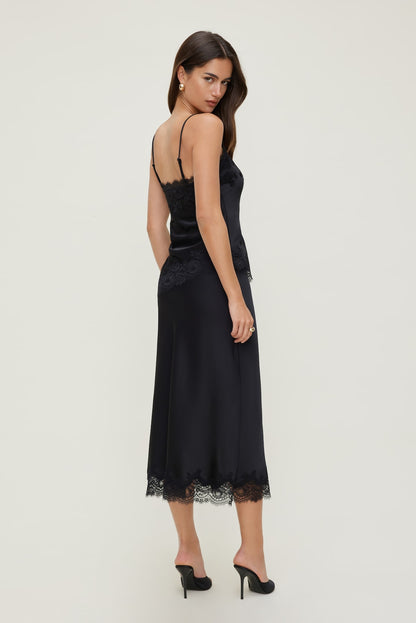 Lace Satin Midi Skirt Black - Dynamite