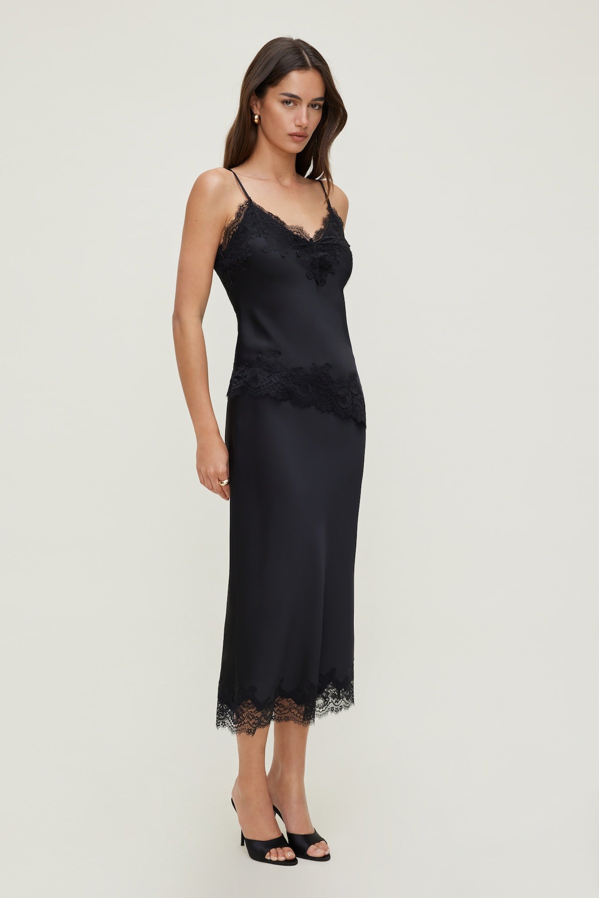 Lace Satin Midi Skirt Black - Dynamite
