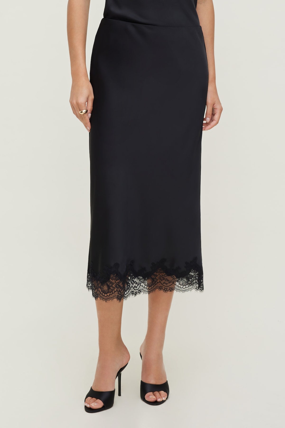 Lace Satin Midi Skirt Black - Dynamite