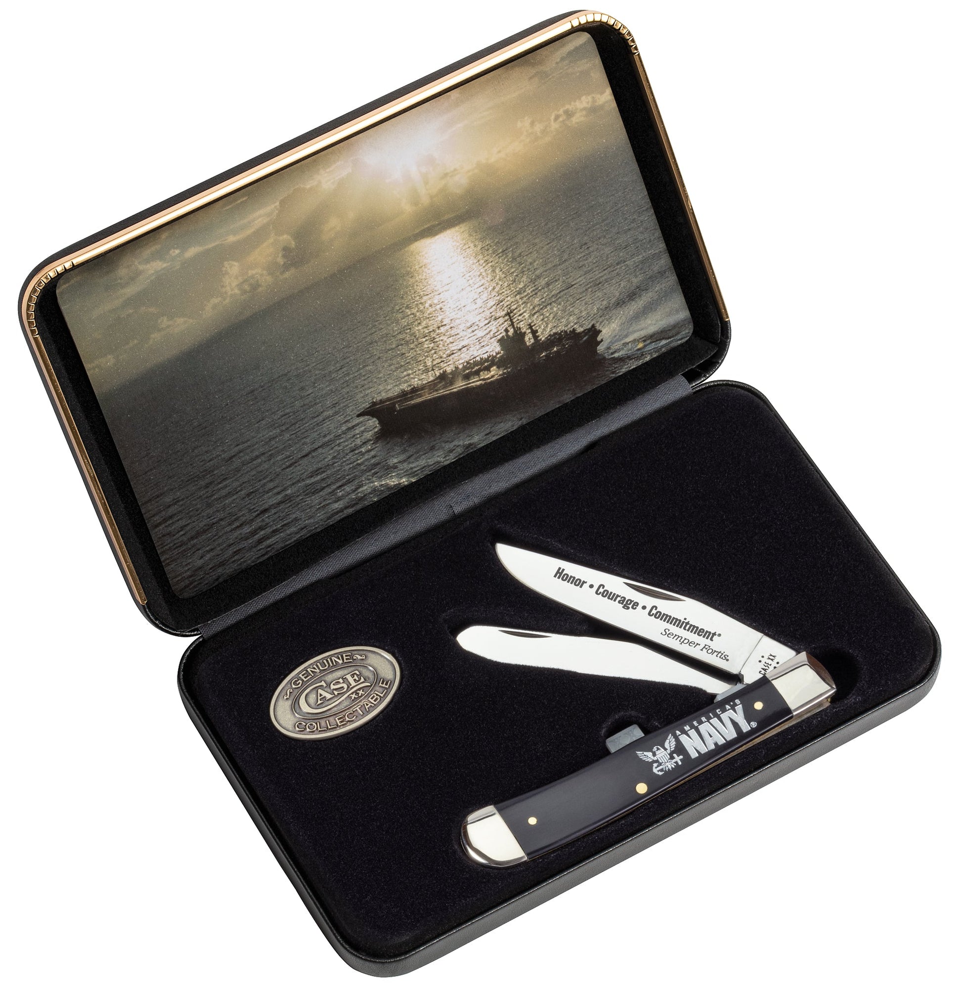 Case Knives US Navy® Embellished Smooth Black Synthetic Trapper Gift Set