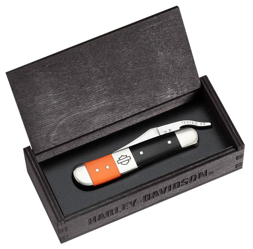 Case Knives Harley-Davidson® Gift Set Embellished Smooth Orange & Black Synthetic RussLock® in Wooden Puzzle Box