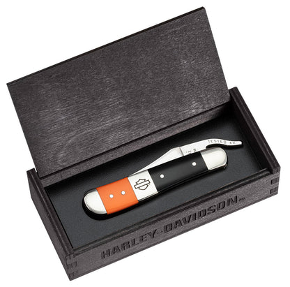 Case Knives Harley-Davidson® Gift Set Embellished Smooth Orange & Black Synthetic RussLock® in Wooden Puzzle Box