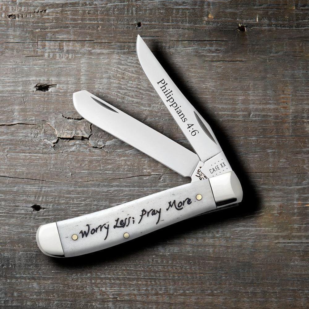 Case Knives Religious Sayings Natural Bone Mini Trapper Knife